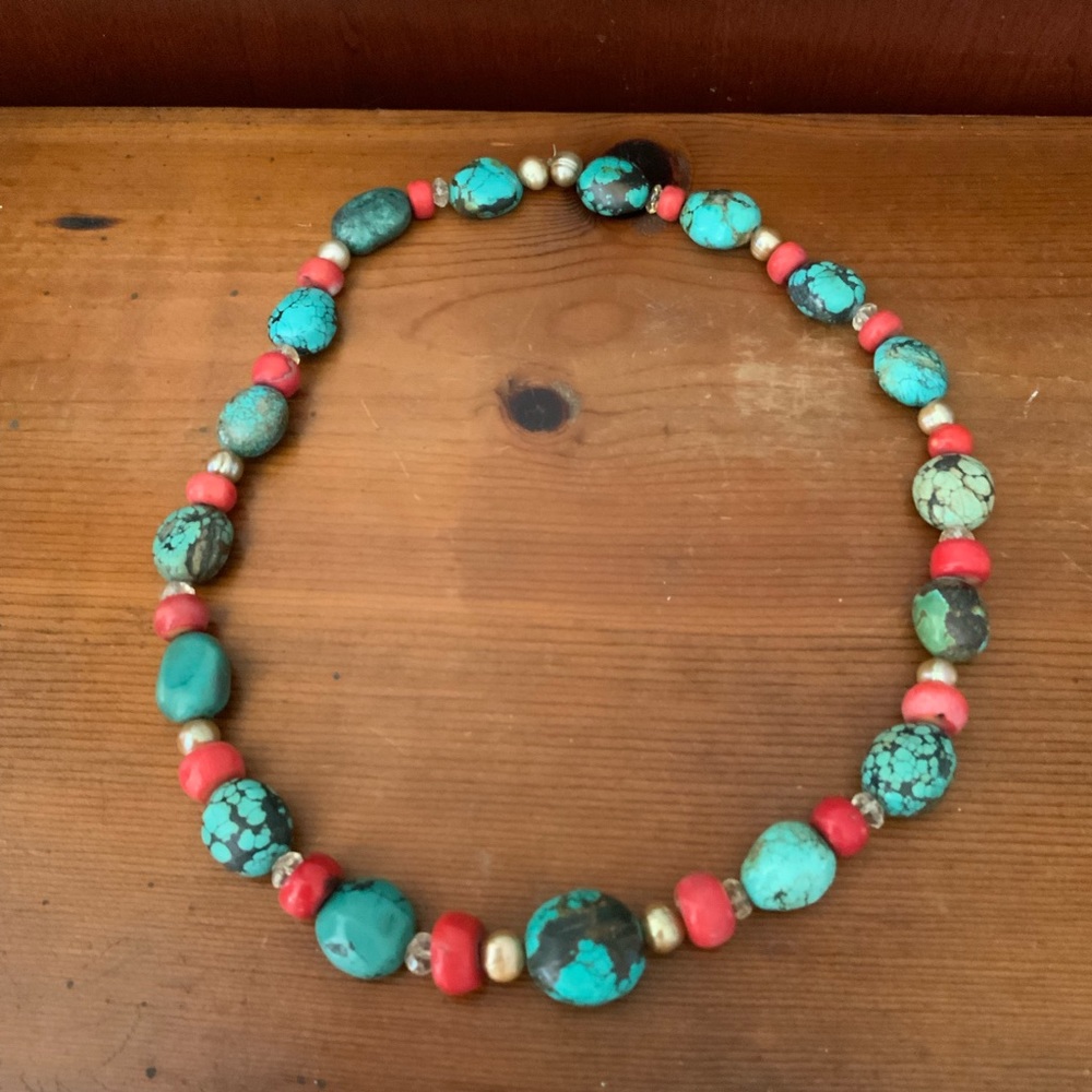 Huge Chunky Handmade Turquoise Coral Pearl Quartz Round Necklace OOAK